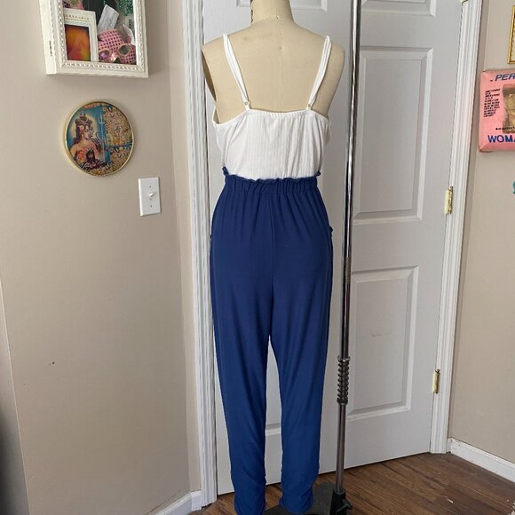 JOLIE & JOY White Blue Smocked Ribbed Knit Color-block Jumpsuit Romper *LARGE* - Picture 4 of 6